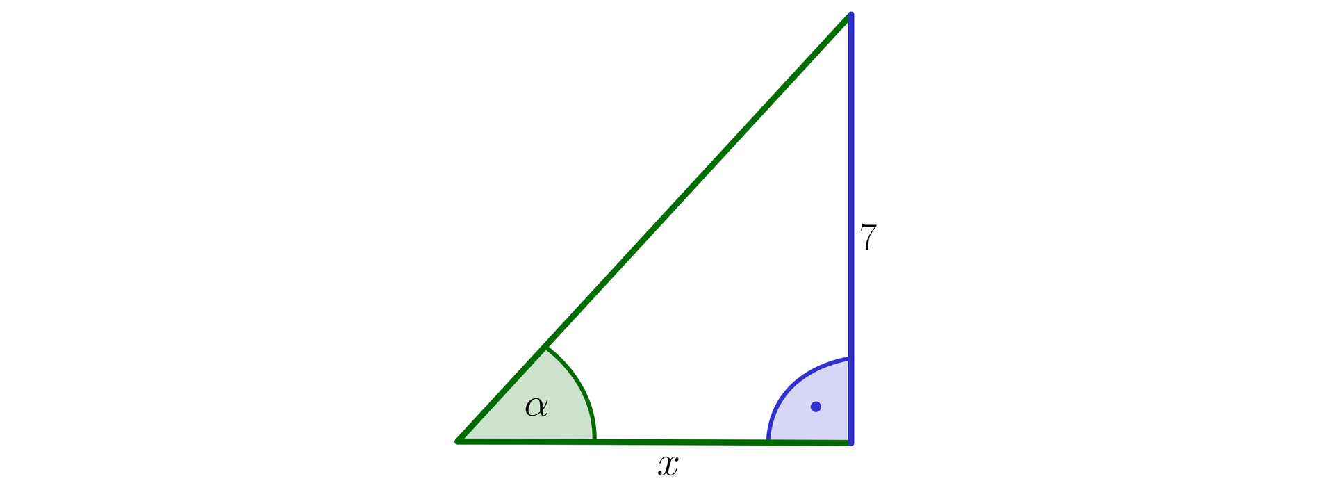 Ilustracja przedstawia trójkąt prostokątny. Przyprostokątne trójkąta mają długość siedem oraz x.  Pomiędzy przeciwprostokątną a przyprostokątną o długości x zaznaczono kąta alfa.