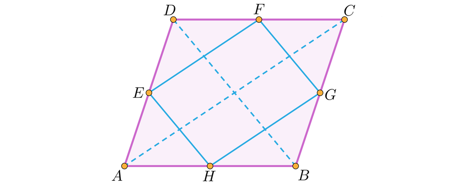 Rysunek przedstawia romb A, B, C, D. W środku jest wpisany prostokąt E, F, G, H tak, że jego wierzchołki znajdują się w środkach boków rombu.