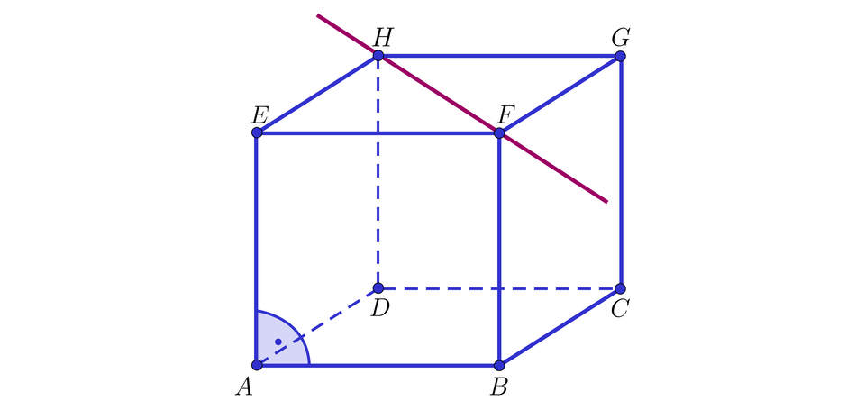 Ilustracja przedstawia sześcian A B C D E F G H, gdzie wierzchołek E znajduje się nad A, wierzchołek F nad B, wierzchołek G nad C, wierzchołek H nad D. Punkty F oraz H zostały złączone czerwoną prostą. 