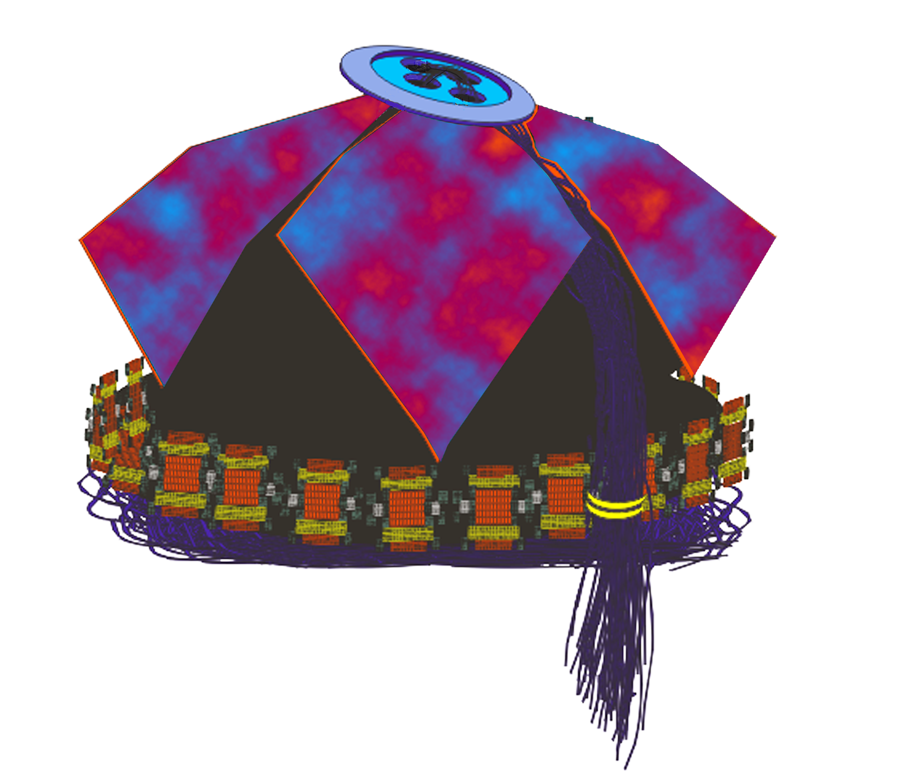 Barwna ilustracja przedstawiająca czapkę. Jest koloru czarnego, a na niej na środku, z lewej i prawej strony znajdują się kawałki kolorowego materiału w kształcie rombów. Na środku czapki jest guzik, od którego odchodzą długie fioletowe sznureczki, sięgające aż poza krawędź czapki. Dolną krawędź czapki otaczają czerwone prostokąty. Każdy jest przedzielony u góry i na dole żółtym szerokim paskiem wychodzącym lekko poza krawędź prostokąta. Poniżej znajduje się plątanina fioletowych sznureczków. Tło jest białe. 