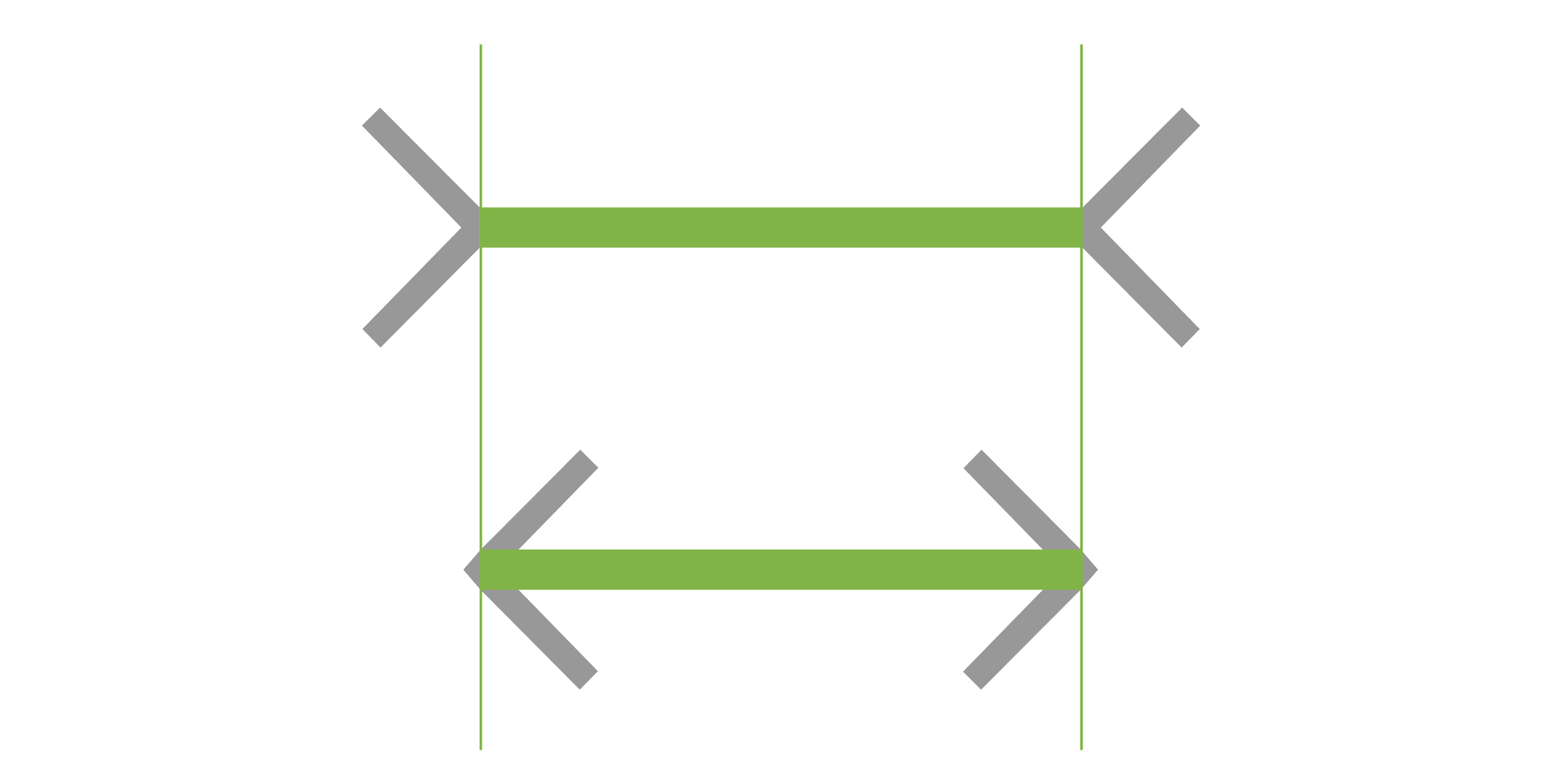 Ilustracja przedstawia dwie równoległe do siebie strzałki. Górna ma wklęsłe groty skierowane do wewnątrz, dolna na zewnątrz. Groty zaznaczono kolorem szarym, kreski pomiędzy nimi kolorem zielonym. Na końcach kresek poprowadzono linie pionowe, co udowadnia identyczną długość kresek. 