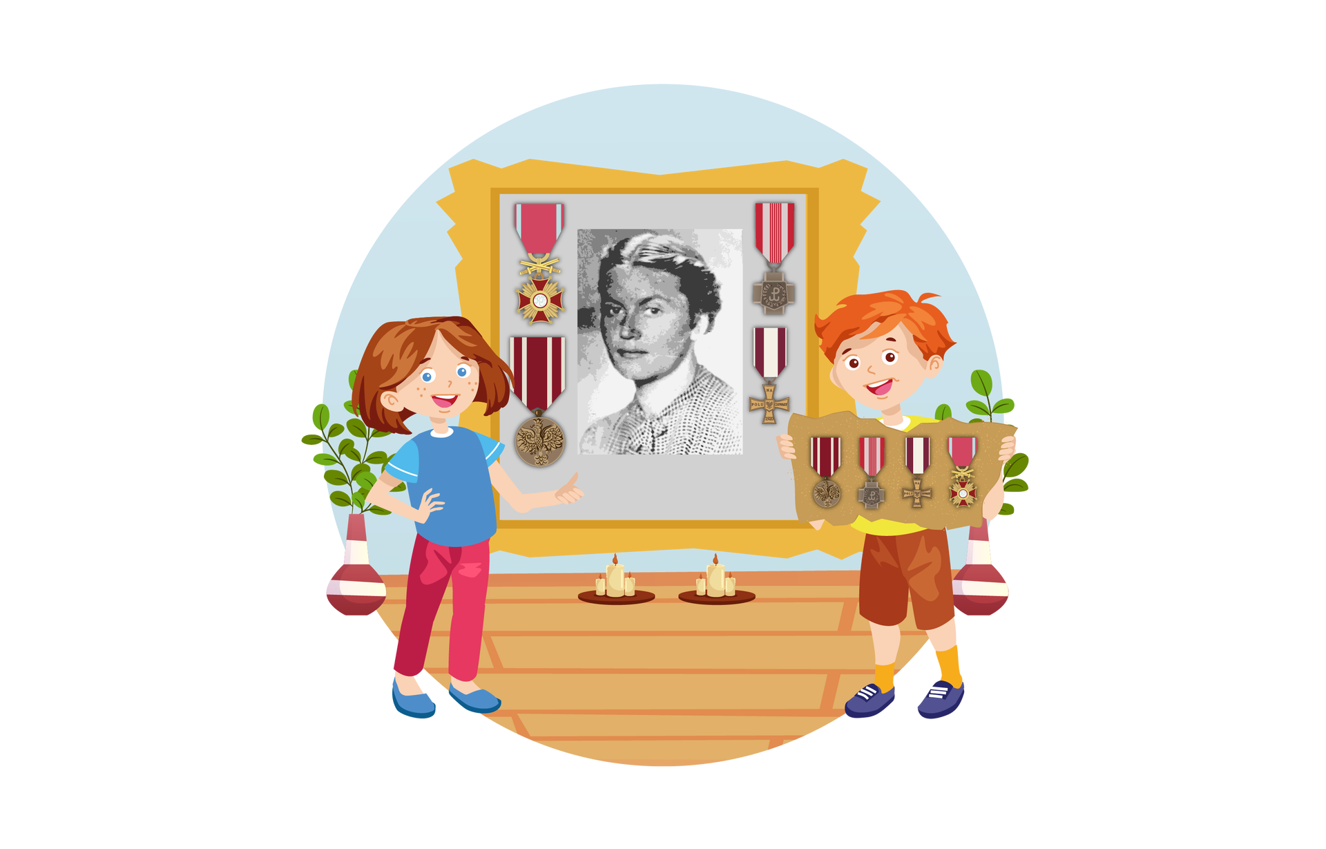Ilustracja przedstawia pomieszczenie, w którym na ciemnogranatowej ścianie wisi czarno‑biały portret w złotej ramie. Portret przedstawia Krystynę Krahelską. Dookoła postaci wiszą cztery medale. Do każdego medalu jest przyczepiona szeroka biało‑czerwona wstążka. Trzy medale są w kształcie krzyża, a jeden jest okrągły, z wizerunkiem Orła Białego. Poniżej, na drewnianej podłodze, stoi sześć zapalonych świec na okrągłych ciemnobrązowych tacach. Po lewej stronie są trzy gałązki z licznymi zielonymi listkami w wysokim wazonie w biało‑bordowe pasy. Po prawej stronie jest identyczny wazon z gałązkami. Na pierwszym planie stoją Maja i Franek. Maja jest ubrana w niebieską koszulkę z krótkimi błękitnymi rękawami, długie ciemnoróżowe spodnie i ciemnoniebieskie buty. Franek jest ubrany w żółtą koszulkę z krótkimi pomarańczowymi rękawami, krótkie brązowe spodnie, pomarańczowe skarpety i granatowe buty z białymi sznurówkami. Trzyma w rękach kawałek sztywnego jasnobrązowego materiału, do którego przyczepiono cztery medale. Medale są takie same jak te, które widać dookoła portretu Krystyny Krahelskiej.