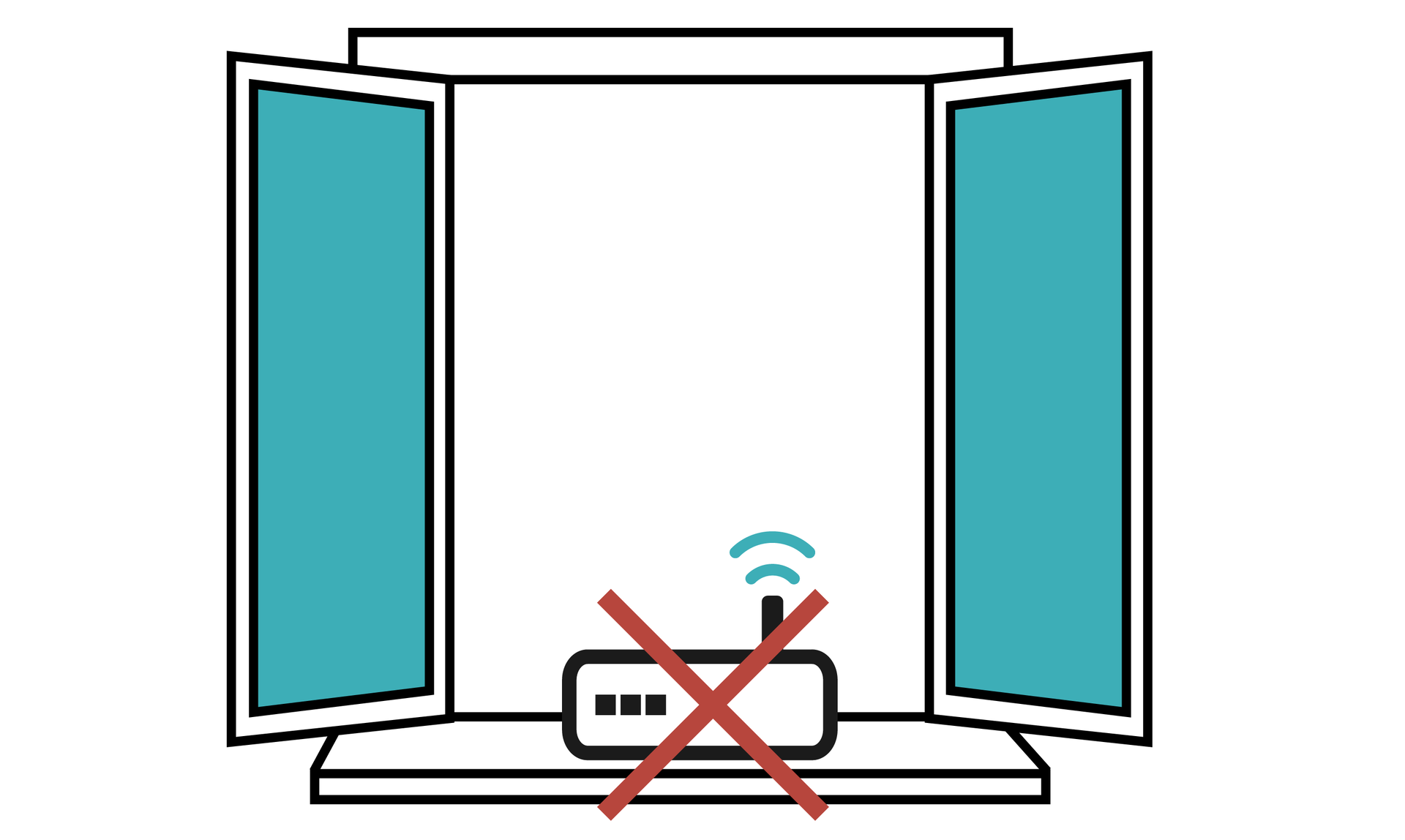 Ilustracja przedstawiająca otwarte okno. Na parapecie znajduje się przekreślony czerwonym krzyżykiem ruter WiFi. 