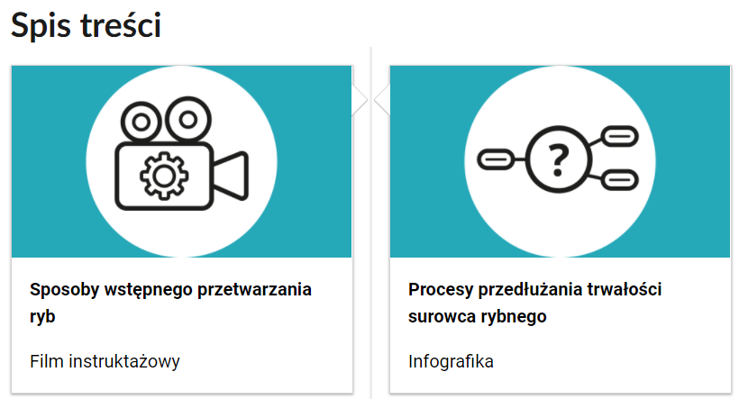 Grafika przedstawia dwa kafelki ze spisu treści. Są umiejscowione obok siebie. Mają prostokątny kształt. Górna część kafelka to grafika z symbolem danego multimedium. Symbol narysowany jest czarnymi liniami. Symbol znajduje się w białym kole na błękitnym tle. Dolna część to tytuł i nazwa multimedium. Kafelek z lewej przedstawia kamerę z umieszczonym w niej kołem zębatym. Podpis tego multimedium brzmi: Sposoby wstępnego przetwarzania ryb, film instruktażowy. Drugi kafelek przedstawia znak zapytania wpisany w kółko. Od niego odchodzą trzy kreski do prostokątów o łagodnych krawędziach. W tych prostokątach widoczne są kreski symbolizujące tekst. Podpis multimedium brzmi: Procesy przedłużania trwałości surowca rybnego, infografika.