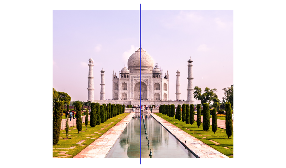 Ilustracja przedstawia Taj Mahal. Przez budynek przebiega prosta, oś symetrii dzieląca budowlę na dwie równe części. 