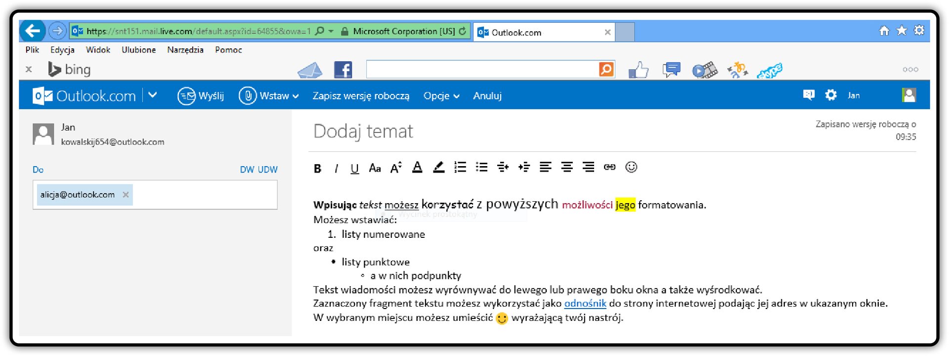 Zrzut okna wiadomości poczty Outlook.com