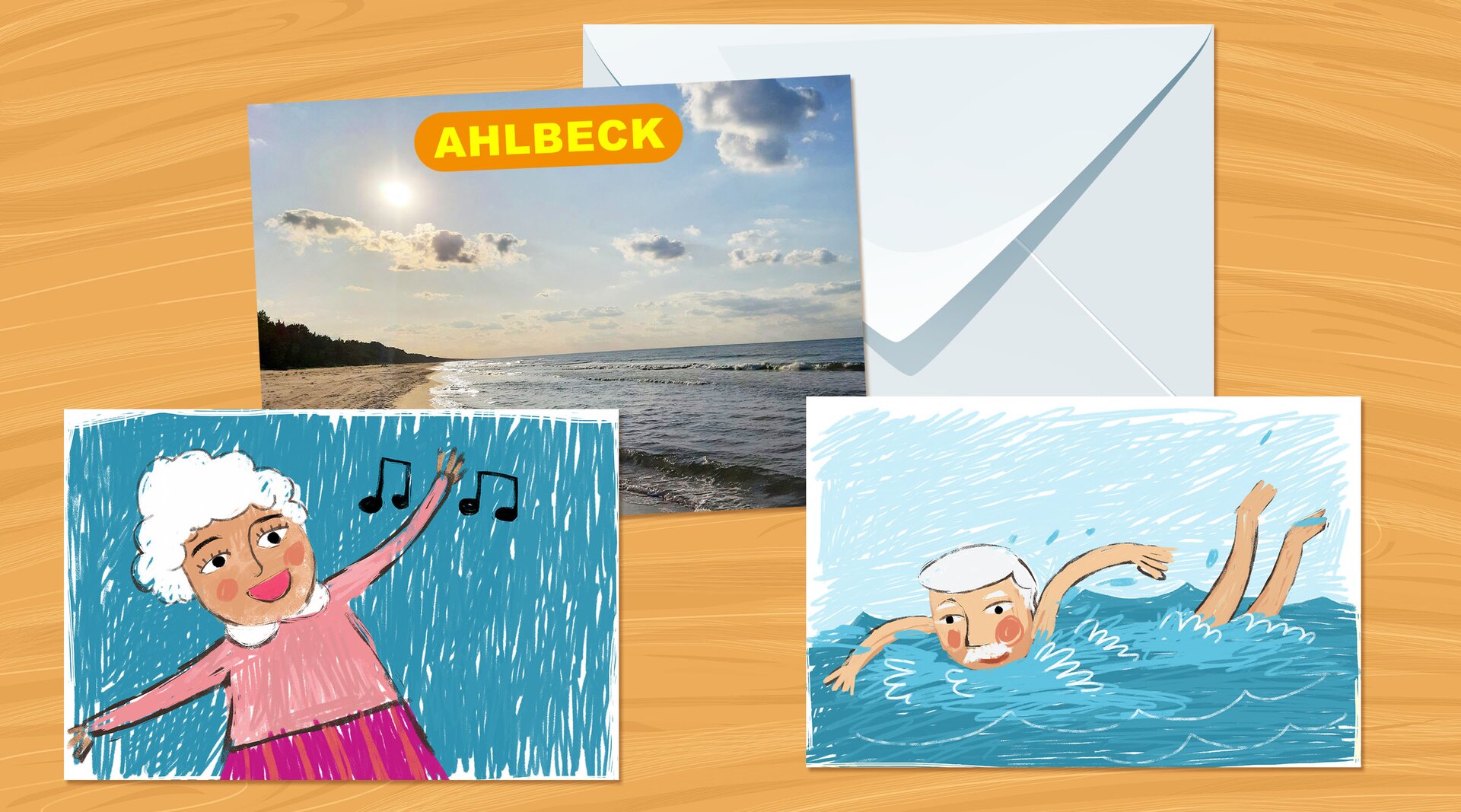 Ilustracja przedstawia pływającego dziadka i śpiewającą babcię.