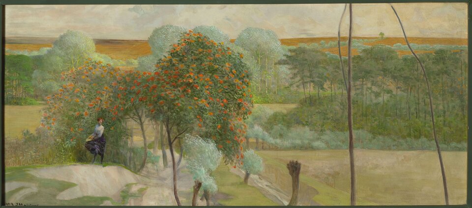 Ilustracja o kształcie poziomego prostokąta przedstawia obraz Jacka Malczewskiego „Idź nad strumienie”. Ukazuje pejzaż z licznymi drzewami, drogą oraz dalekim widokiem z polami na horyzoncie. Drogą idzie kobieta w białej bluzce i czarnej spódnicy, usytuowana w lewej części obrazu.