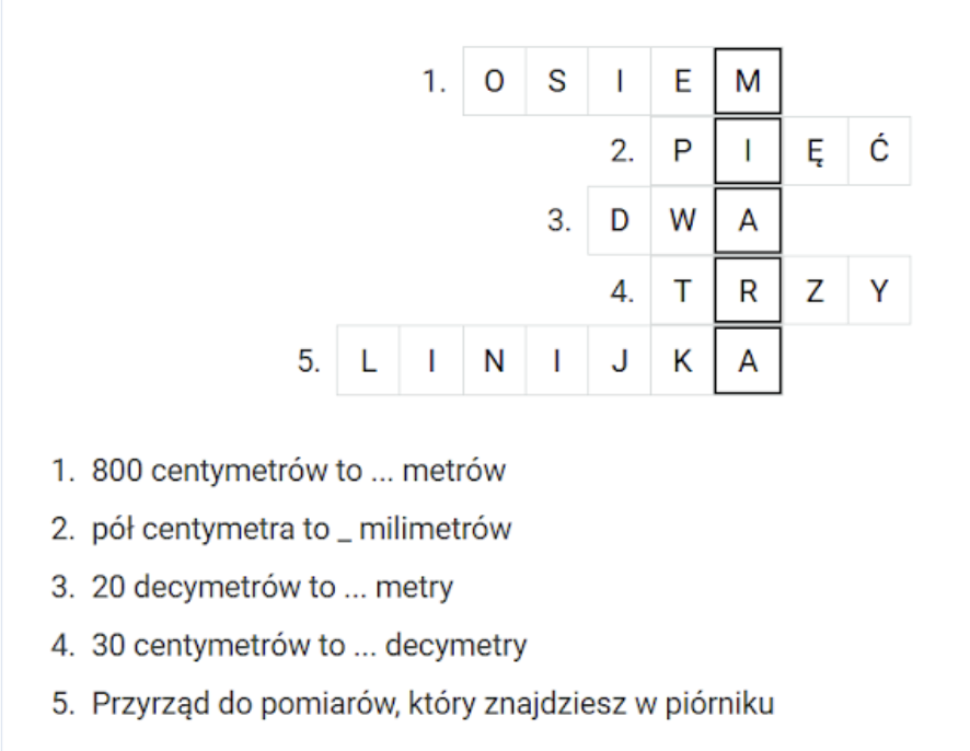 Pionowa krzyżówka z 5 hasłami i podpowiedziami, wszystkie hasła są wypełnione. Obraz ilustruje wygląd ćwiczenia.