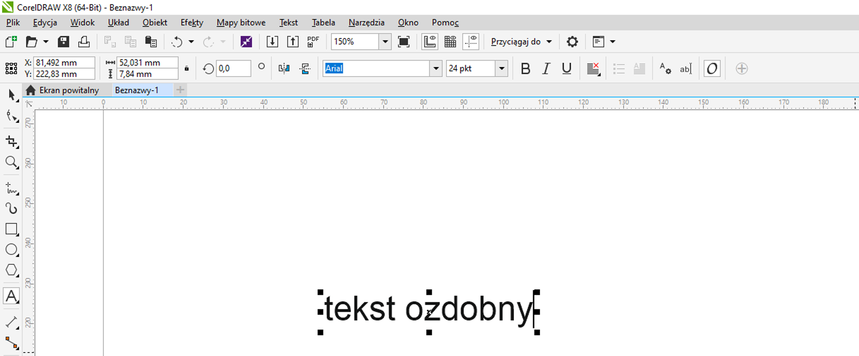  Zrzut ekranu przedstawia program CorelDRAW.Wstawiono tekst ozdobny z napisem: tekst ozdobny.