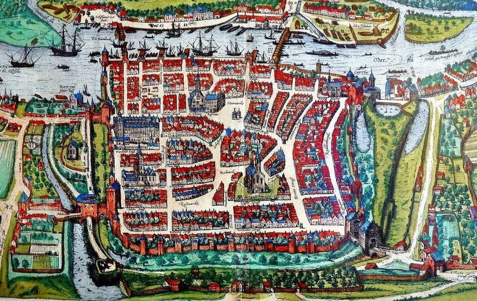 Plan A przedstawia Szczecin. Miasto ma kształt zbliżony do kwadratu. Duża jego część położona jest w porcie.