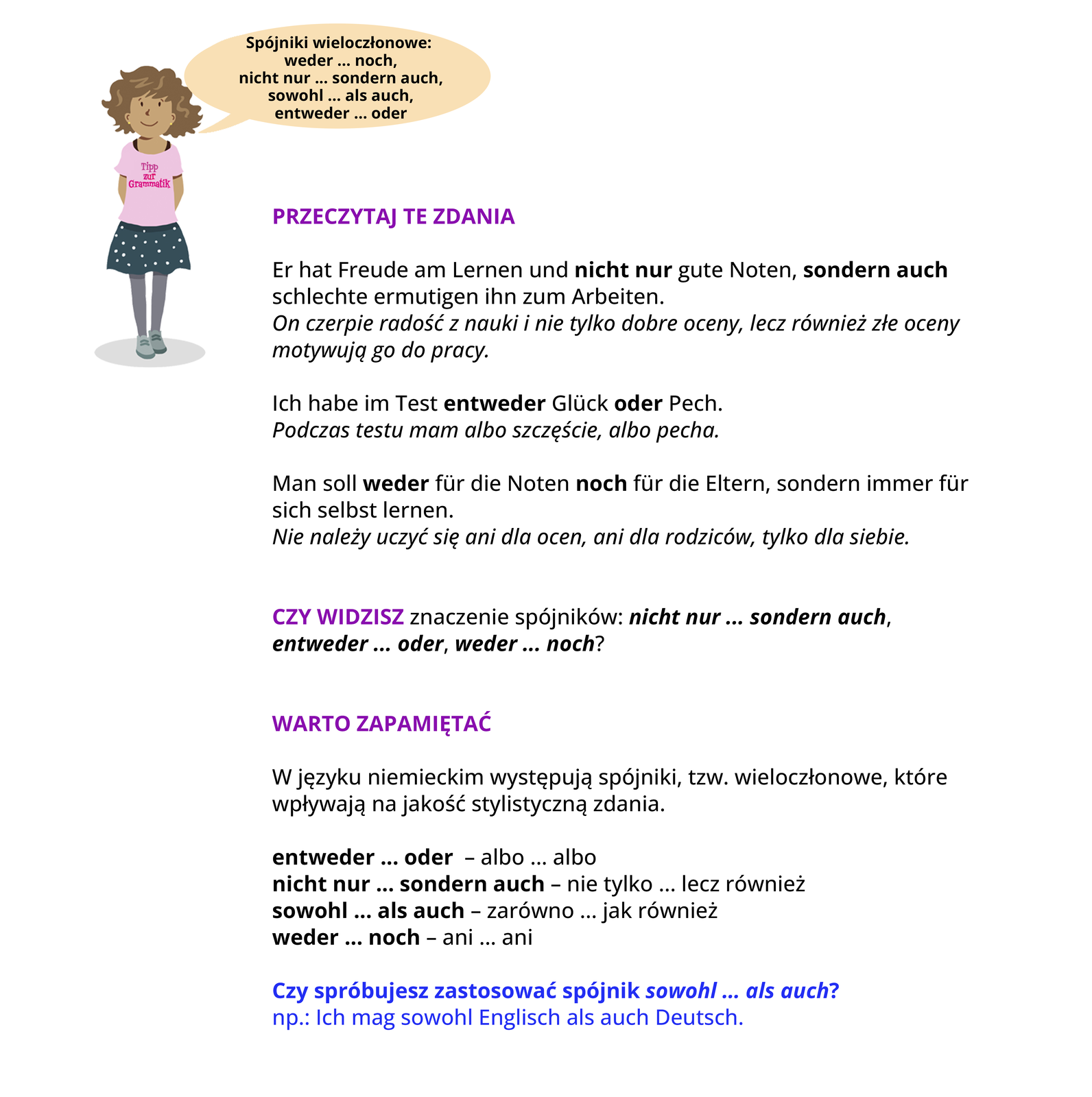 Ilustracja zawiera poradę językową.
Ilustracja przedstawia dziewczynkę ubraną w różową bluzkę z napisem Tipp zur Grammatik oraz w szarą spódniczkę w grochy. Obok widoczny jest dymek zawierający napis: Spójniki wieloczłonowe: weder ... noch, nicht nur ... sondern auch, sowohl ... als auch, entweder ... oder. 
Pozostałą część grafiki stanowi tekst, którego treść widoczna jest w trybie dostępności.