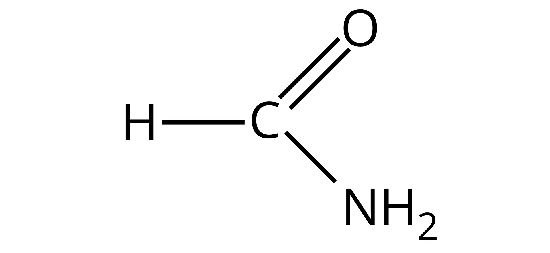 Ilustracja przedstawiająca wzór cząsteczki formamidu, czyli metanoamidu zbudowanego z atomu węgla połączonego za pomocą wiązania podwójnego z atomem tlenu oraz za pomocą wiązań pojedynczych z grupą aminową NH2, a także z atomem wodoru.