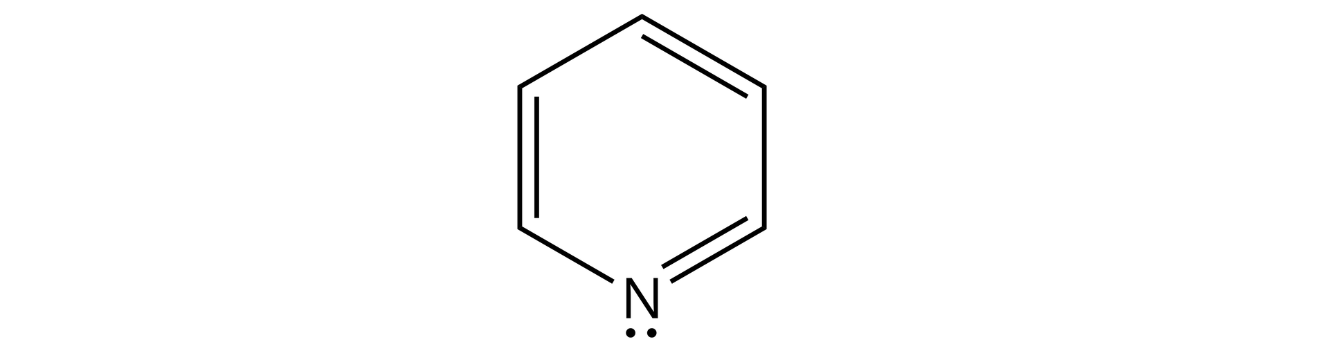 Wzór strukturalny pirydyny. To sześcioczłonowy pierścień aromatyczny zbudowany z pięciu atomów węgla i jednego atomu azotu. Co drugie wiązanie w pierścieniu zostało zaznaczone jako podwójne. Z kolei na atomie azotu zaznaczono wiązanie podwójne.