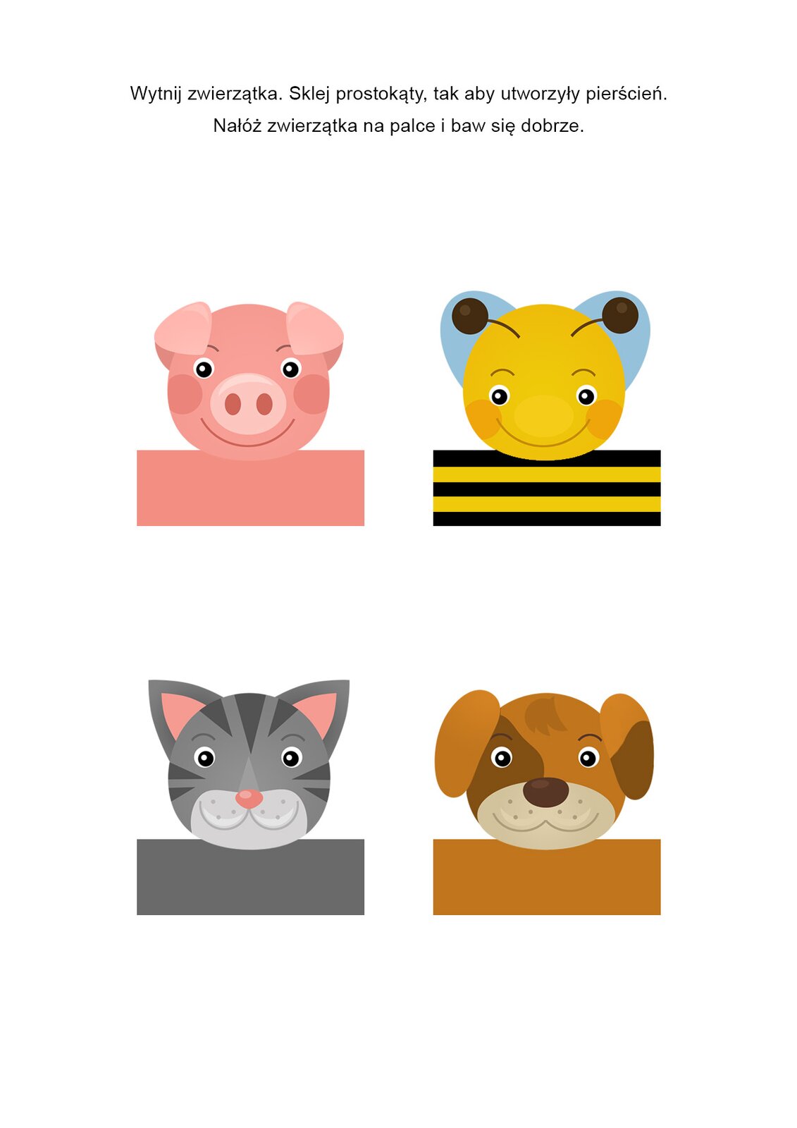 Ilustracja przedstawia cztery rysunki: świnki, kotka, pieska i pszczółki.