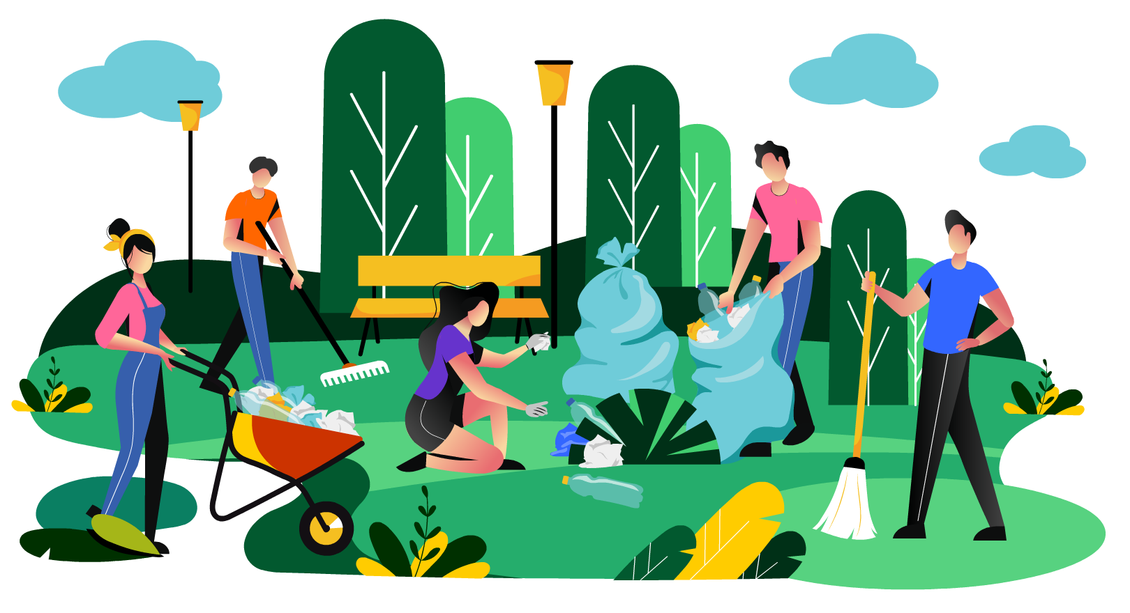 Kliknij aby powiększyć Ilustracja przedstawia grupę pięciu osób porządkujących teren porośnięty trawą, drzewami i krzewami. Po lewej stronie ilustracji widać kobietę prowadzącą taczkę wypełnioną plastikowymi przedmiotami. Za nią stoi mężczyzna z grabiami. W centralnej części ilustracji klęcząca na jednym kolanie kobieta zbiera śmieci. Po jej prawej stronie stoi mężczyzna wkładający śmieci do plastikowego worka a poniżej niego ukazany został mężczyzna trzymający w ręce miotłę.