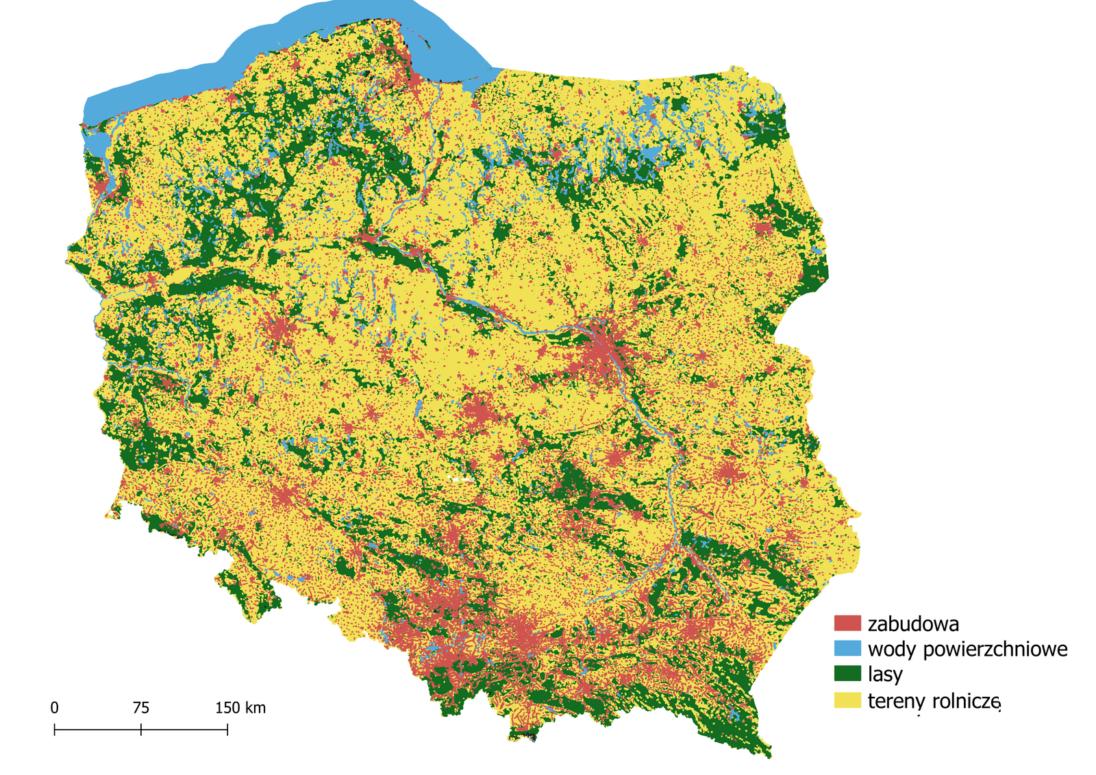 Mapa Polski z użytkowaniem terenu. Na mapie zaznaczono zabudowę, wody powierzchniowe, lasy, nieużytki, tereny rolnicze. Zabudowa: zaznaczono obszary głównie wokół dużych miast jak Warszawa, Poznań, Gdańsk, Łódź, Lublin, Białystok, Wrocław, a także znaczna część województwa śląskiego, małopolskiego, podkarpackiego. Wody powierzchniowe: głównie północna część Polski. Lasy: obszary w północno‑zachodniej części kraju, północno‑wschodniej części kraju, południowej i południowo‑wschodniej. Tereny rolnicze obejmują znaczną część kraju. 