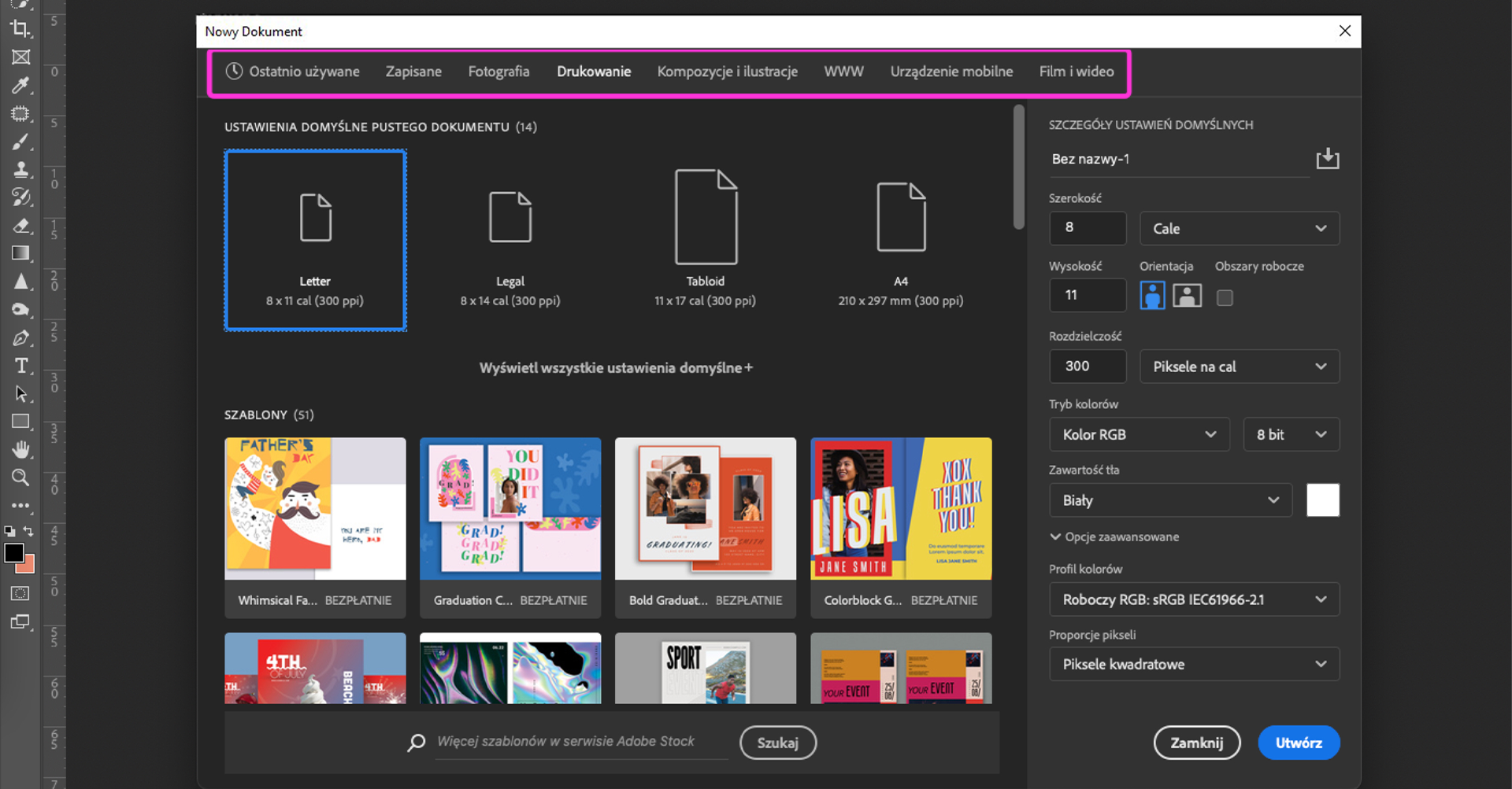 Ilustracja przedstawia okno o nazwie Nowy Dokument. Zaznaczono pasek narzędzi. Pogrubiona jest opcja: Drukowanie. Poniżej są ustawienia domyślne pustego dokumentu. Wybrano Letter. Po prawej stronie są szczegóły ustawień domyślnych.