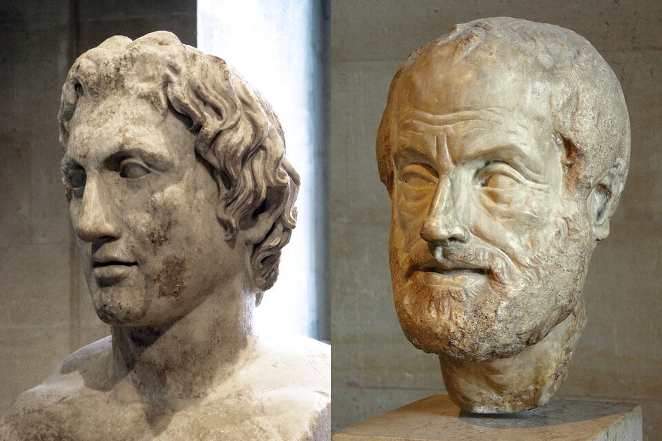 Ilustracja przedstawia dwa zdjęcie marmurowych, męskich głów. Zdjęcie po lewej stronie przedstawia mężczyznę o pociągłej twarzy. Mężczyzna ma duży nos, głęboko osadzone oczy i półdługie, opadające na twarz włosy. Zdjęcie po prawej stronie przedstawia brodatego mężczyznę o owalnej twarzy. Mężczyzna ma zmarszczki, głęboko osadzone oczy i krótkie włosy.