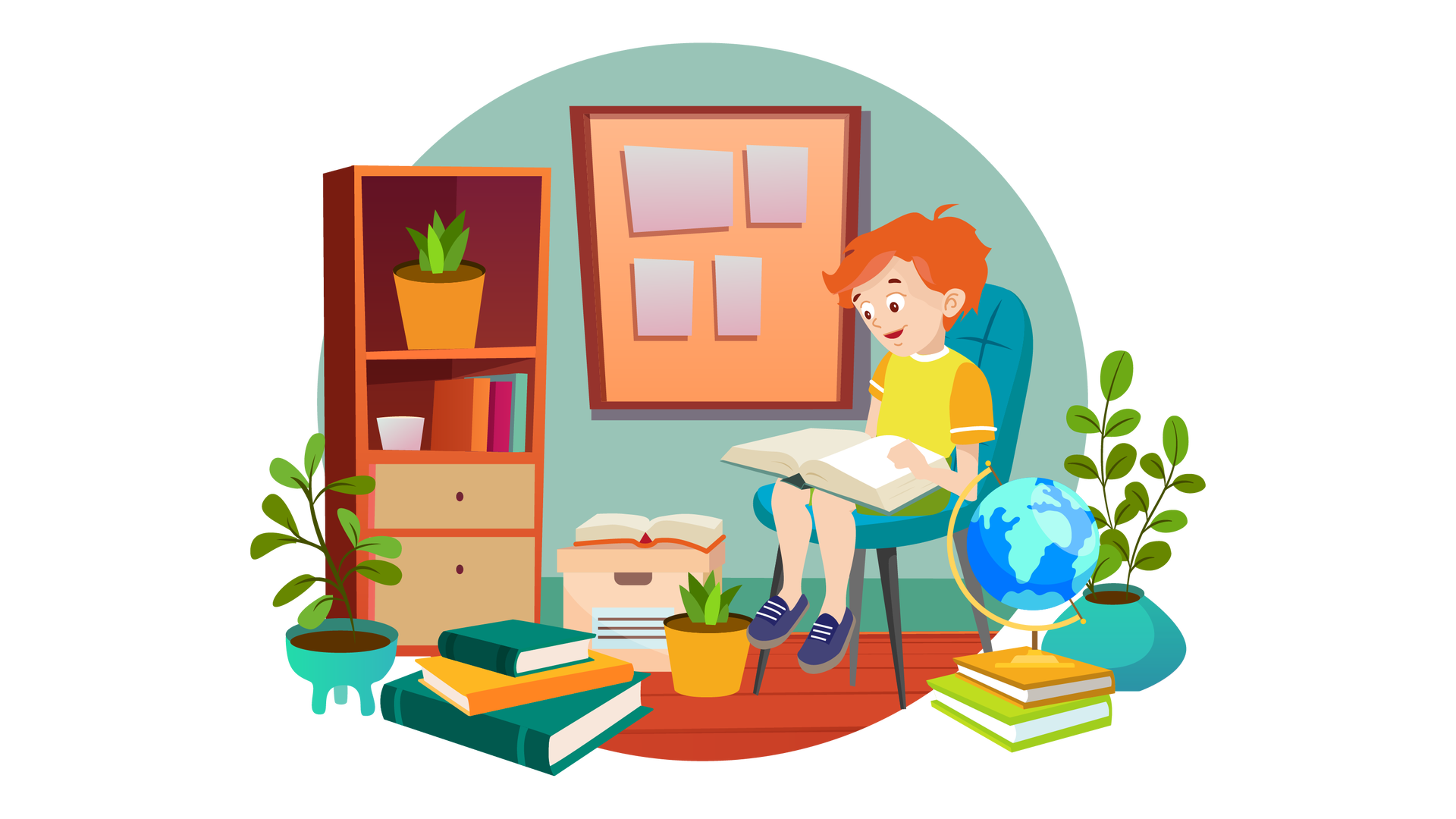 Ilustracja przedstawia pomieszczenie szkolne. W tle widać turkusową ścianę, na której wisi duża brązowa tablica korkowa. Są do niej przyczepione cztery puste białe kartki. Po lewej stronie stoi pod ścianą wysoki brązowy regał z dwiema półkami i dwiema jasnobrązowymi szufladami. Na pierwszej półce stoi zielona roślina w pomarańczowej donicy. Na drugiej półce widać pustą białą donicę i trzy książki. Pierwsza ma pomarańczową okładkę, druga ciemnoróżową, a trzecia zieloną. Na drewnianej podłodze znajduje się wiele przedmiotów. Po lewej stronie stoi zielona roślina w turkusowej donicy. Obok są trzy książki ułożone jedna na drugiej. Pierwsza i trzecia mają ciemnozielone okładki, a druga ma pomarańczową. Za nimi stoi beżowe pudełko z pokrywką, na której ułożono otwartą książkę w pomarańczowej okładce. Obok widać zieloną roślinę w jasnopomarańczowej donicy. Po prawej stronie pomieszczenia stoi zielona roślina w pękatej turkusowej donicy. Obok są dwie książki ułożone jedna na drugiej. Pierwsza ma pomarańczową okładkę, a druga jasnozieloną. Ustawiono na nich globus. Na globusie lądy zaznaczono na zielono, a wody na niebiesko. W centralnej części ilustracji, nieco z prawej strony, stoi ciemnoturkusowe krzesło. Siedzi na nim Franek. Chłopiec czyta książkę.