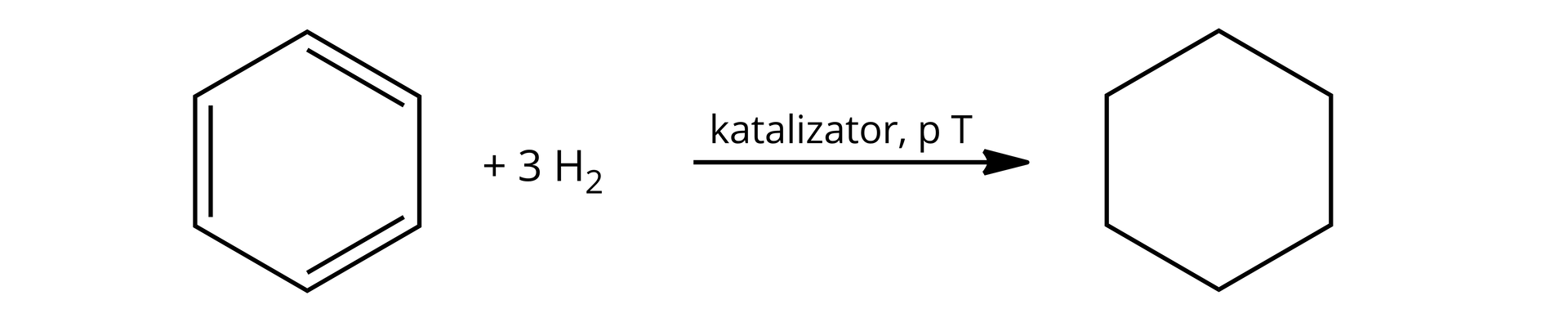 Ilustracja przedstawiająca równanie reakcji uwodornienia benzenu. Cząsteczka benzenu, którą stanowi sześcioczłonowy pierścień aromatyczny zbudowany z sześciu atomów węgla, z których każdy podstawiony jest jednym atomem wodoru. Dodać trzy cząsteczki wodoru H2. Strzałka w prawo, nad strzałką zapis "katalizator, ciśnienie p, temperatura T". Za strzałką cząsteczka cykloheksanu, to jest sześcioczłonowego pierścienia nasyconego, który tworzy sześć grup CH2. 