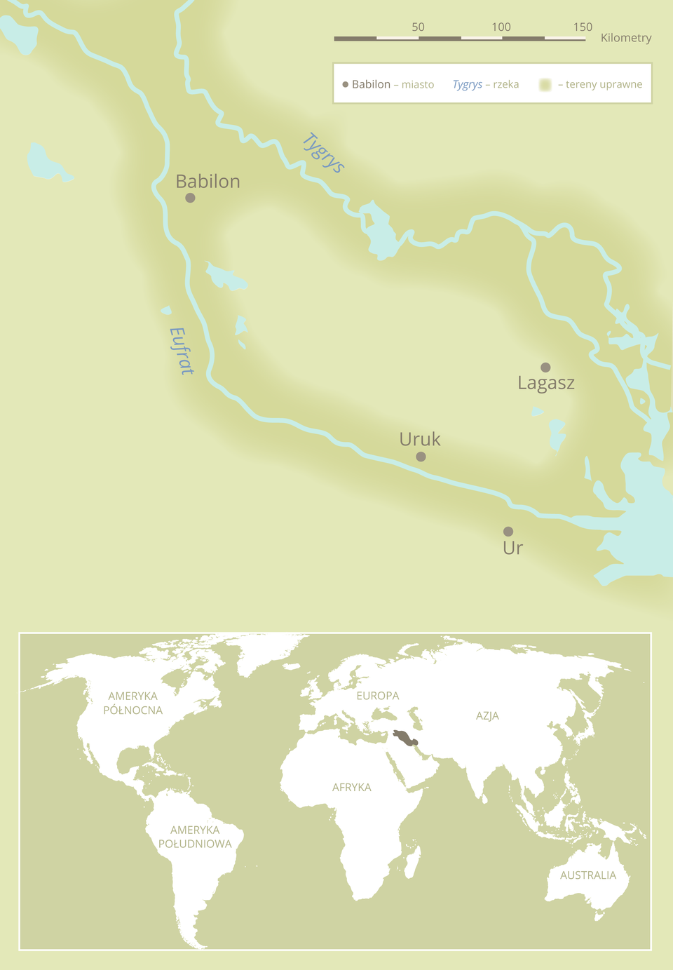 Mapa Mezopotamii. Zawiera informacje o położeniu państwa na mapie. 