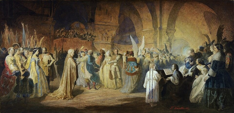 Obraz przedstawia scenę w sali z łukowatymi sklepieniami. Po prawej stronie przy fortepianie siedzi młody mężczyzna, to Fryderyk Chopin. Zaraz przy fortepianie stoi tyłem dziewczynka w białej długiej koszuli chłopackiej, z długimi zaplecionymi w dwa warkocze, jasnymi włosami. Wokół stoją ludzie. Zaraz za siedzącym przy instrumencie stoi gestykulujący młody mężczyzna z jasnymi, bujnymi włosami. Obok niego kilka kobiet. W centralnej części obrazu siwy, starszy mężczyzna, ubrany w długi płaszcz. Za nim także zgormadzeni są ludzie. W tle widać drzewce z wojskowymi sztandarami, halabardników oraz skrzydlate postacie. 