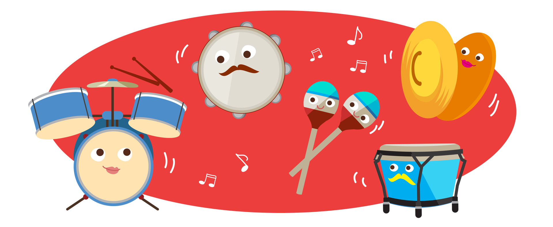 Ilustracja przedstawia uśmiechnięte instrumenty perkusyjne. Po lewej stronie znajduje się niebieska perkusja. Obok niej szary tamburyn oraz niebiesko‑brązowe marakasy. Po prawej stronie znajdują się talerze perkusyjne oraz duży bęben. Pomiędzy instrumentami widnieją nuty.