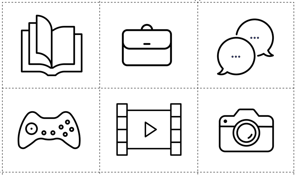 Ilustracja przedstawia sześć czarno‑białych ikon ułożonych w dwóch rzędach po trzy.
W lewym górnym rogu znajduje się ikona otwartej książki.
Obok niej, w środku górnego rzędu, widoczna jest ikona aktówki lub torby służbowej.
W prawym górnym rogu są dwie nachodzące na siebie dymki rozmowy.
W lewym dolnym rogu znajduje się ikona gamepada do gier.
W środku dolnego rzędu jest ikona kliszy filmowej z symbolem odtwarzania.
W prawym dolnym rogu widoczna jest ikona aparatu fotograficznego.