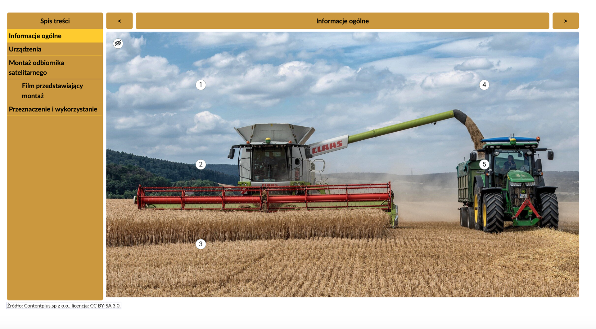 Przykładowy widok infografiki. W lewej kolumnie koloru żółtego znajdują się zakładki prowadzące do poszczególnych opisów. W kolumnie po prawej widoczny jest wyświetlany element. Na środku znajduje się zdjęcie kombajnu koszącego zboże na polu i przesypującego ziarna rurą do jadącego obok ciągnika z przyczepą. Na zdjęciu znajduje się także pięć cyfr w białych kółkach.