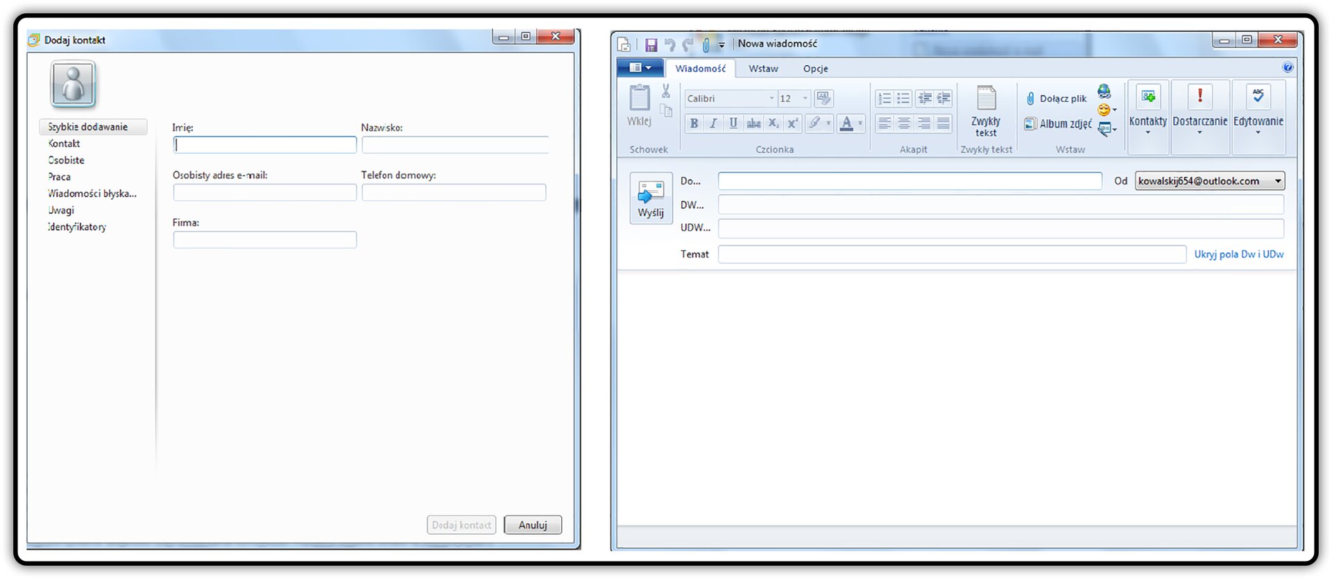 Zrzut okien: Dodaj kontakt oraz Nowa wiadomość