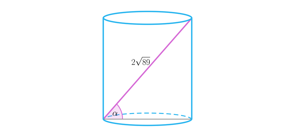 Ilustracja przedstawia walec, w który wpisano trójkąt, którego bokami są: średnica podstawy, krawędź boczna walca oraz przekątna walca o długości dwa pierwiastek kwadratowy z osiemdziesiąt dziewięć koniec pierwiastka. Kąt pomiędzy średnicą podstawy a przekątną walca podpisano literą alfa. 
