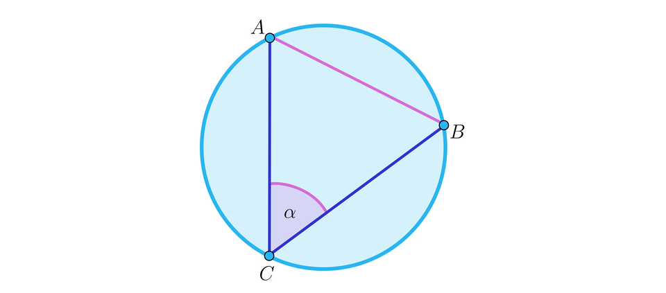 Rysunek przedstawia koło, w którym wykreślono trzy cięciwy C A, C B oraz  A B, które tworzą trójkąt ABC. Przy wierzchołku C zaznaczono kąt alfa.
