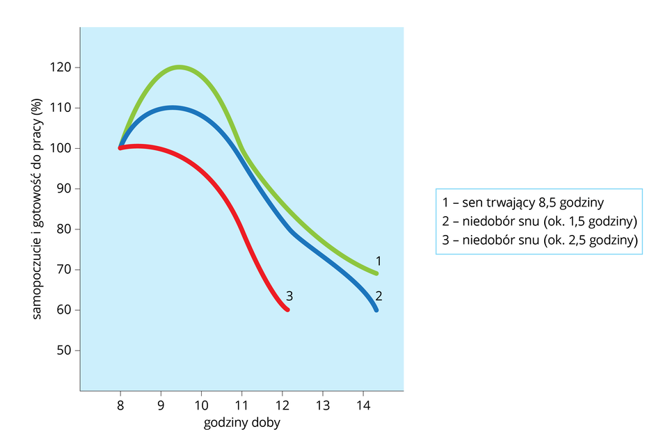 Wykres przedstawiający wpływ snu na samopoczucie i zdolność do pracy. Wykres na osi X ma godziny doby w wartościach od 8 do 14, na osi Y samopoczucie i gotowość do pracy podane w procentach o wartościach od 50 do 120. Zielona linia oznacza sen trwający osiem i pół godziny. Niebieska linia oznacza niedobór snu trwający około półtorej godziny. Czerwona linia oznacza niedobór snu, który wynosi dwie i pół godziny. Wszystkie trzy linie mają swój początek o godzinie 8, a samopoczucie i gotowość do pracy wynosi wówczas 100 %. Przy śnie trwającym osiem i pół godziny samopoczucie i gotowość do pracy wzrasta i osiąga najwyższą wartość 120 % w godzinach od dziewiątej do dziesiątej. Następnie stopniowo spada i o godzinie czternastej samopoczucie i gotowość do pracy osiąga wartość około 70 %. Przy niedoborze snu około półtorej godziny samopoczucie i gotowość do pracy wzrasta i osiąga najwyższą wartość 110 % w godzinach od dziewiątej do dziesiątej. Następnie stopniowo spada i o godzinie czternastej samopoczucie i gotowość do pracy osiąga wartość około 60 %. Przy niedoborze snu około dwóch i pół godziny samopoczucie i gotowość do pracy od razu spada i w godzinach od dziewiątej do dziesiątej osiąga wartość około 95 %. Wraz z upływem czasu wartość samopoczucia i gotowości do pracy spada, a wartość na poziomie 60 % osiąga już o godzinie dwunastej.  