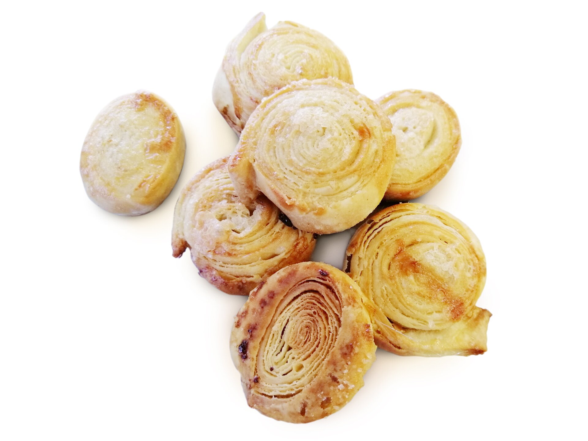 Małe ciastka koloru złocistego, zwinięte w kształt ślimaków.