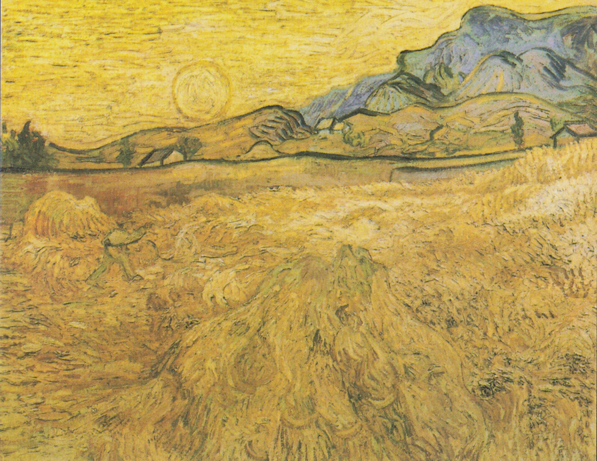 Obraz olejny. Pole pszenicy, w oddali góry, niebo i słońce. Wszystko w odcieniach żółci. Tylko góry zarysowują się błękitem. Elementy zlewają się, są niewyraźne.