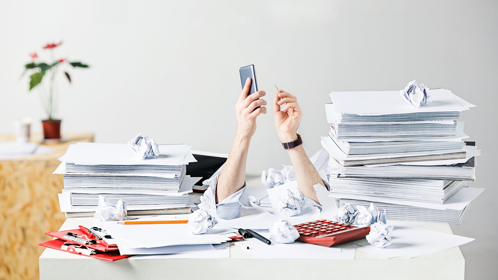 Zdjęcie przedstawia dwie ręce wystające z białego blatu i wyciągnięte do góry. W prawej dłoni widoczny jest telefon, a w lewej ołówek. Po prawej i lewej stronie na blacie widoczne są stosy papierów, czerwony kalkulator, czerwone podkładki z klipsami, czarny długopis, żółty ołówek oraz porozrzucane zmięte w kule kartki. W tle po lewej stronie widoczny jest kwiatek w doniczce stojący na blacie.