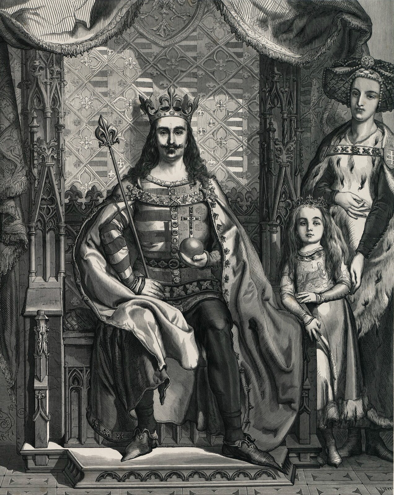 Obraz przedstawia mężczyznę siedzącego na tronie, to król Ludwik. Na głowie ma koronę, w jednej ręce trzyma berło, w drugiej jabłko królewskie zakończone krzyżem.  Obok niego znajduje się młoda dziewczynka, ubrana w szaty królewskie. Na głowie ma diadem. Za nią stoi kobieta, królowa. 