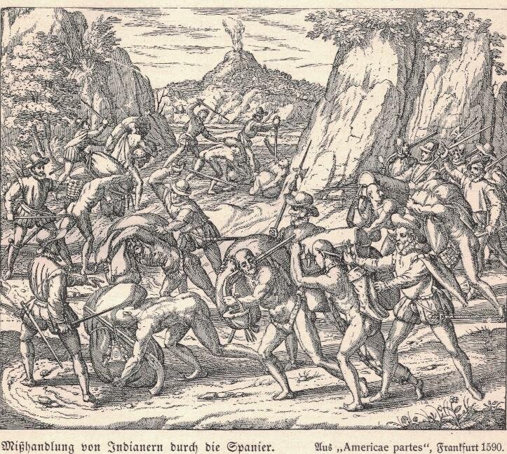 Ilustracja przedstawia grupę półnagich mężczyzn noszących wielkie worki na plecach. Są oni bici i poganiani przez żołnierzy.