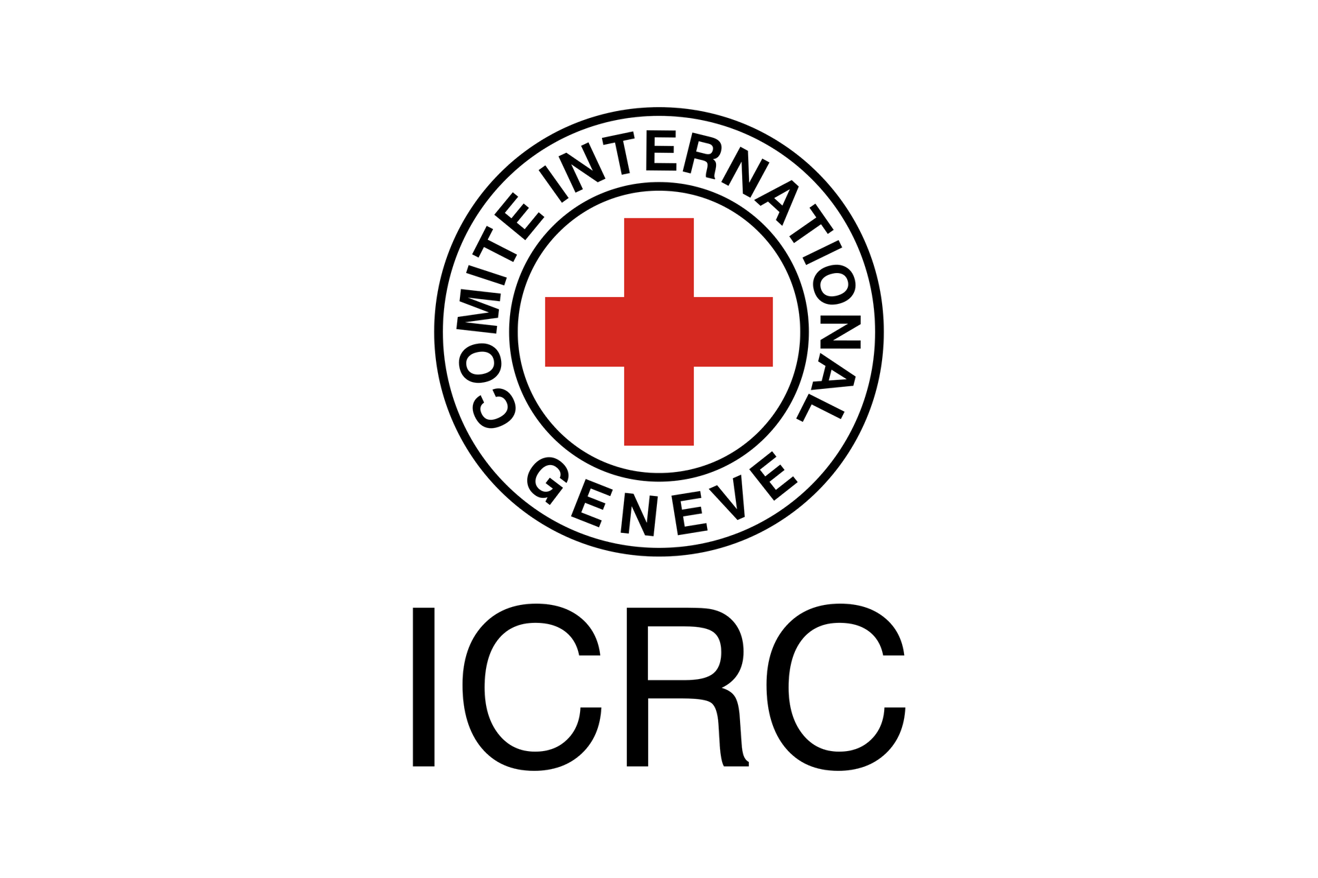 Ilustracja przedstawia logo międzynarodowej Organizacji Czerwonego Krzyża. Dwa czarne okręgi na białym tle. Pomiędzy okręgiem zewnętrznym i wewnętrznym czarny napis: GENEVE COMITE INTERNATIONAL. Wewnątrz okręgów znak czerwonego krzyża. Poniżej skrót ICRC.
