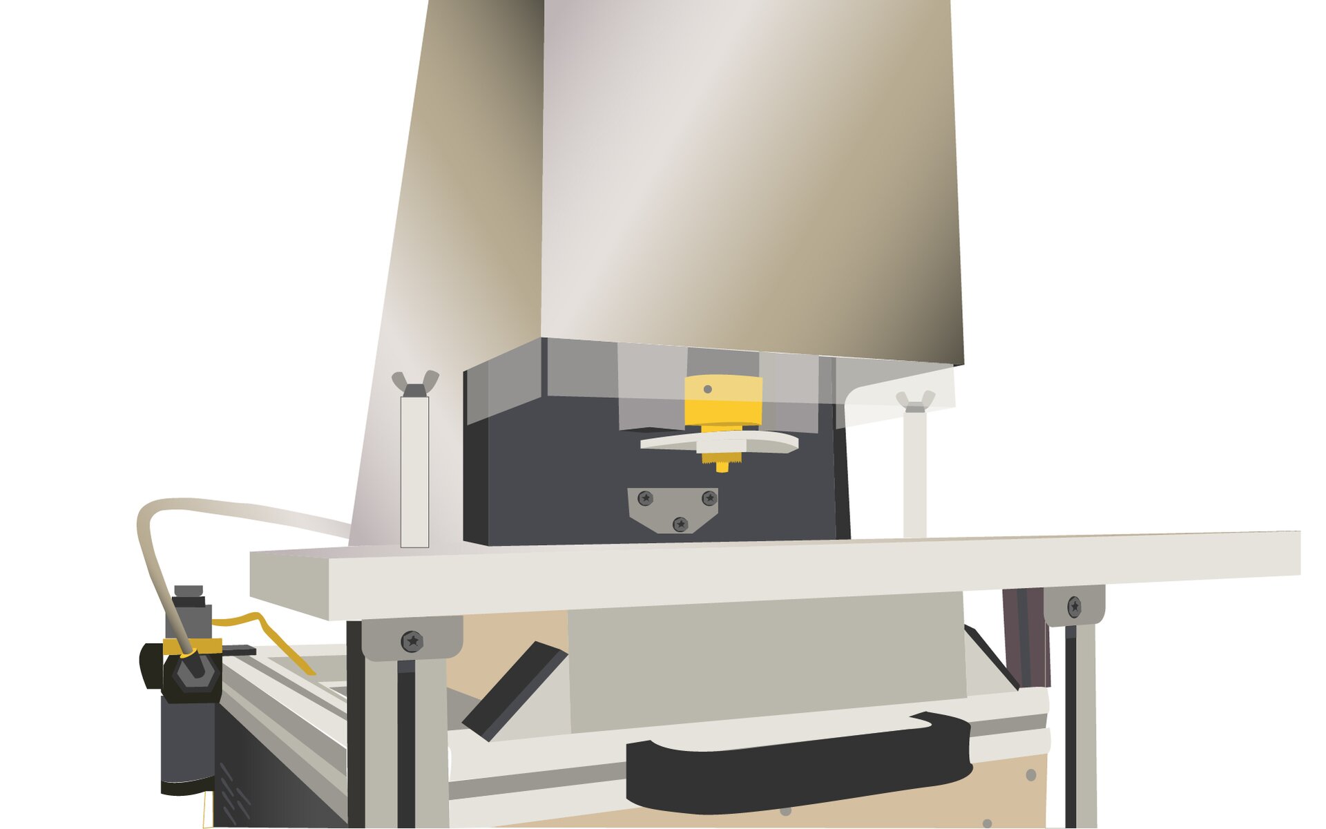 Grafika przedstawia oczkarkę do banerów. Urządzenie kształtem przypominające prostopadłościan. Obudowa maszyny wykonana z blachy koloru jasnego z ciemnym. Pośrodku maszyny znajduje się blat. W górnej części znajduje się część kształtem przypominająca okap z mechanizmem oczkującym, z głowicą w kolorze żółtym.