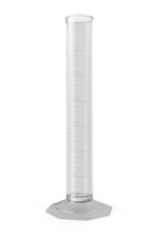 Ilustracja przedstawia wysoki cylinder z miarką. W dolnej części znajduje się wielokątna podstawa.