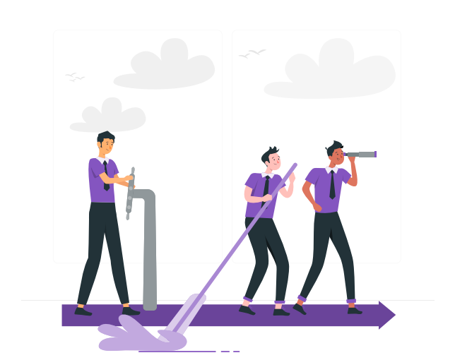 Ilustracja przedstawia trzech mężczyzn. Stoją na strzałce. Jeden z mężczyzn trzyma koło sternicze, drugi trzyma wiosło, trzeci patrzy przez lunetę. Mężczyźni ubrani są w długie spodnie, koszule z krótkim rękawem i krawat. 