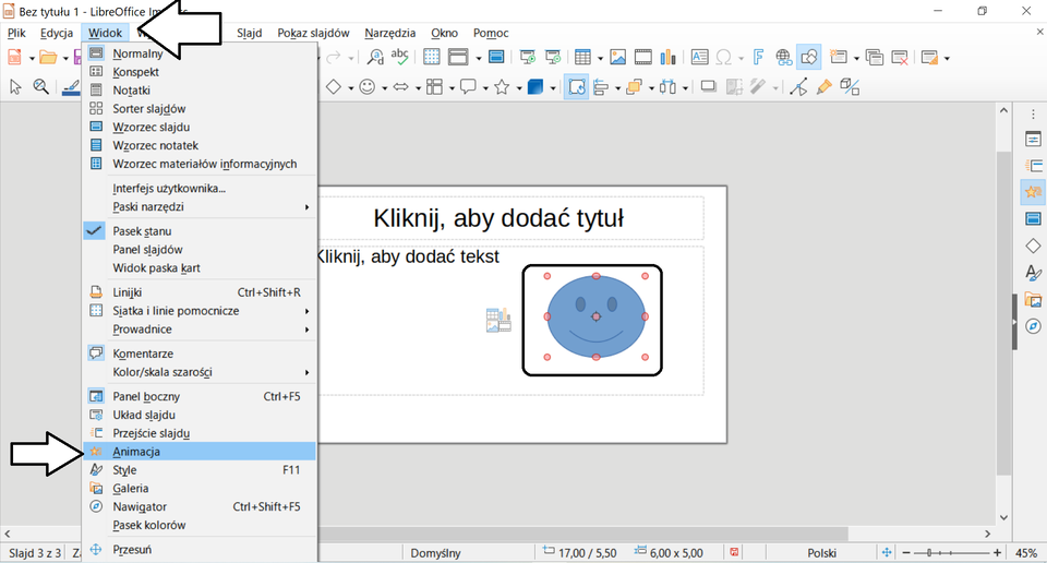 Ilustracja przedstawia otwarty program LibreOffice. U góry na pasku zadań została zaznaczona opcja Widok, a następnie opcja animacja. W programie na środku ekranu w polu tekstowym znajduje się niebieska uśmiechnięta buźka. 