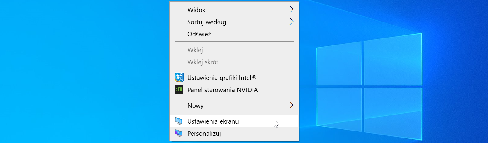 Ilustracja przedstawia pulpit systemu Windows 10 z otworzonym menu kontekstowym. Pozycje od góry to: Widok, Sortuj według, Odśwież, Wklej, Wklej skrót, Intel, Panel sterowania NVIDIA, Nowy, Ustawienia ekranu, Personalizuj. Podświetlona kursorem została opcja Ustawienia ekranu.