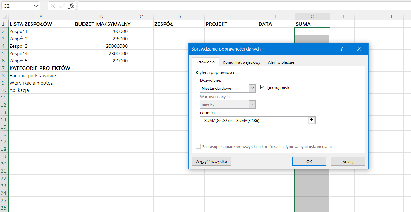 Ilustracja przedstawia arkusz kalkulacyjny. W komórce A1 jest napis: Lista zespołów, w A7 Kategorie projektów, w B1 Budżet maksymalny, w D1 Zespół, w E1 Projekt, w F1 Data, w G1 Suma. Tam, gdzie Zespół, Projekt, Data, Suma komórki kolumn są puste. Komórki kolumny G, czyli Sumy, są zaznaczone na szaro, całość otoczono zieloną ramką. Na tle arkusza wyświetla się okno dialogowe o nazwie: Sprawdzanie poprawności danych. Tam w Ustawieniach zaznaczono: Kryteria poprawności, Dozwolone: Niestandardowe, Ignoruj puste. Wartości danych: między. Formuła: =SUMA(G2:G27):&lt;=SUMA(B2:B6). Zastosowano przycisk OK.    