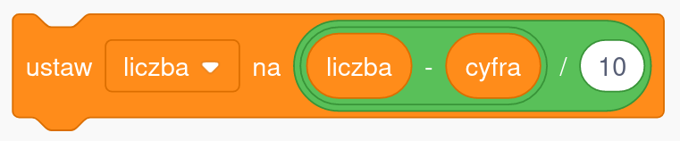 Pomarańczowy blok polecenia ze środowiska programowania Scratch. Blok ustawia wartość zmiennej „liczba” na wynik działania: (liczba minus cyfra) podzielone przez 10. Wewnątrz bloku widoczne są zielone i pomarańczowe pola reprezentujące odpowiednio działania matematyczne oraz zmienne.