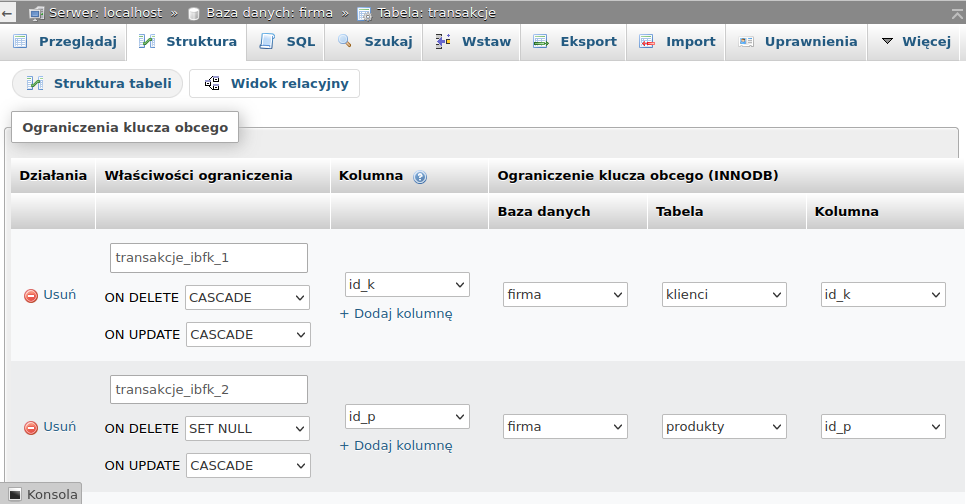 Ilustracja przedstawia podgląd relacji między tabelami w aplikacji phpMyAdmin. U góry jest pasek z napisami: Serwer: localhost, Baza danych: firma, Tabela: transakcje. Poniżej są zakładki: Przeglądaj, Struktura, SQL, Szukaj, Wstaw, Eksport, Import, Uprawnienia, Więcej. Wybrano zakładkę: Struktura. Wybrano Widok relacyjny. Następnie jest otwarta tabela o nazwie: Ograniczenia klucza obcego. W tabeli są kolumny: Działania, Właściwości ograniczenia, Kolumna, Ograniczenia klucza obcego (INNODB).   
