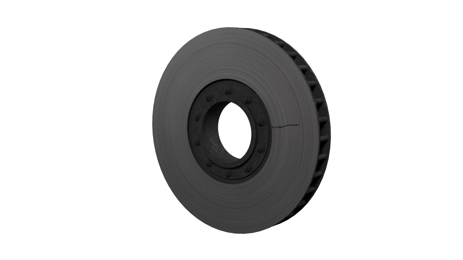 Ilustracja przedstawia pęknięcie tarczy hamulcowej na części pierścienia ciernego. Pęknięcie powstało od wewnętrznej części tarczy i przenosi się do jej zewnętrznej części.