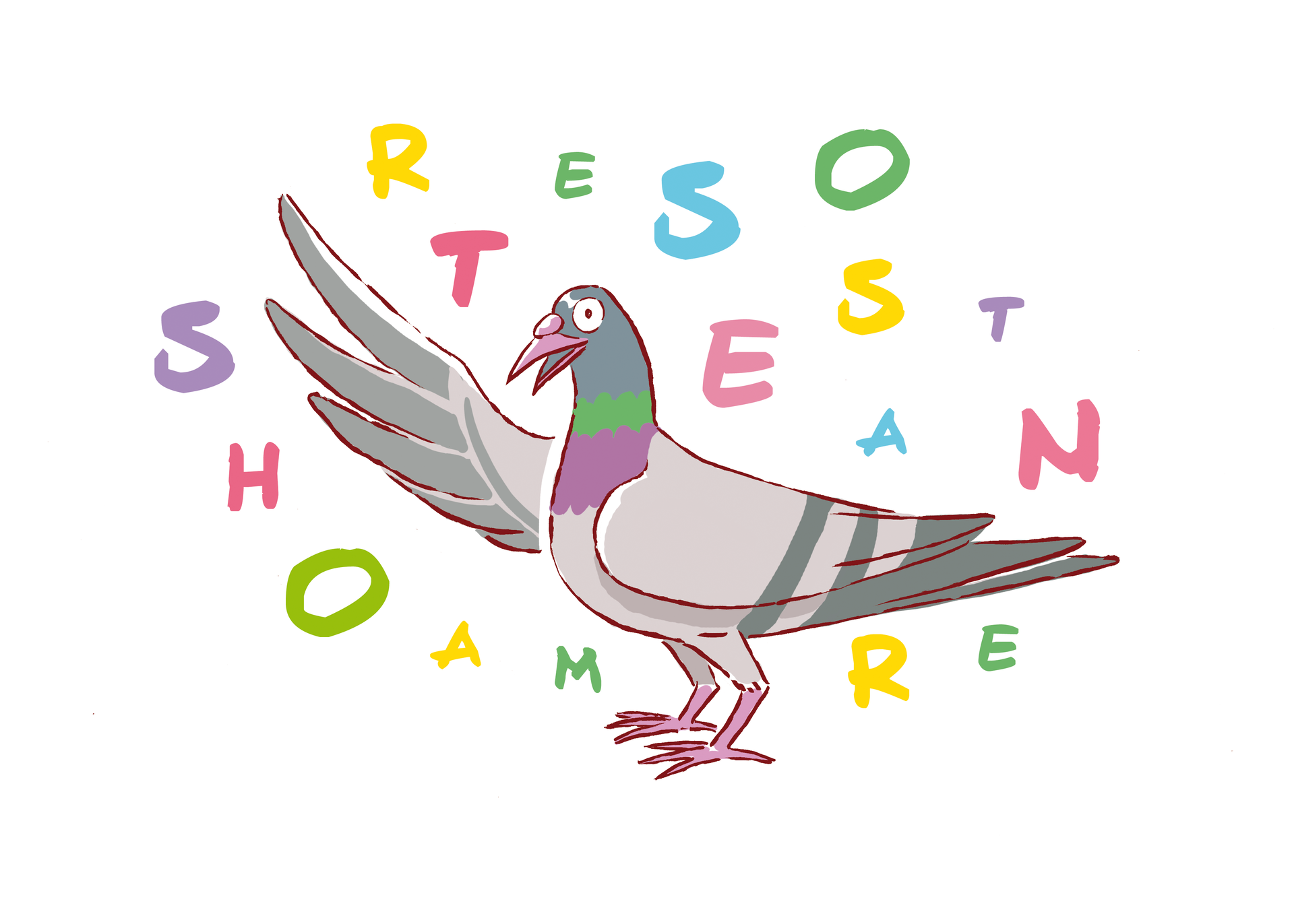 Kliknij, aby powiększyć. Ilustracja przedstawia szarego gołębia, który na szyi ma pasy fioletowe i zielone. Wokół niego znajdują się kolorowe (zielone, żółte, różowe, fioletowe) litery: S, H, O, A, M, R, T, E, S, O, E, S, T, A, N, R, E.